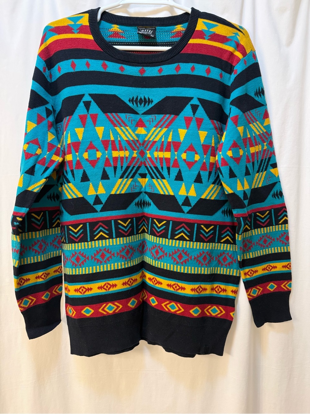 Empyre Multicolor Aztec Crewneck Sweater - Teal, Yellow, Red, Black